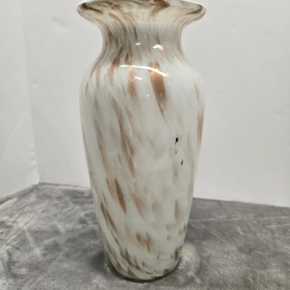 Hand Blown Glass Vase White Brown Swirl Marbled Aventurine Copper Flecks 10 inch
